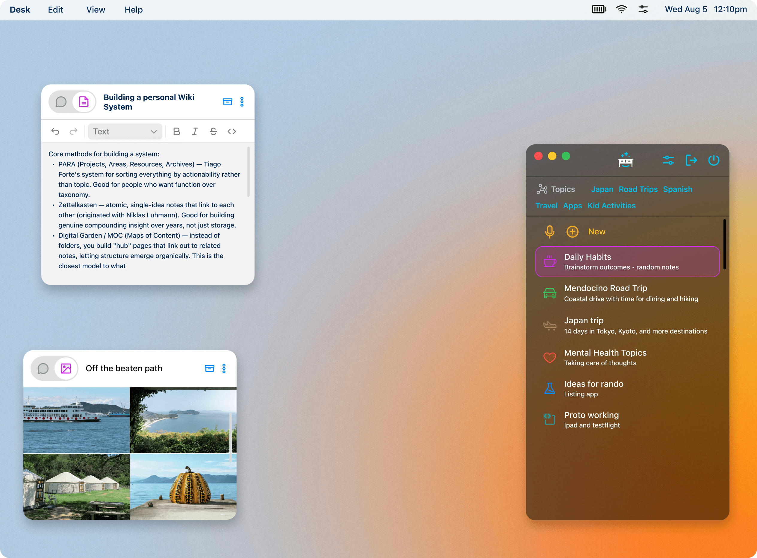 The Living Desk on macOS — ambient project cards set into the wallpaper beside a menu-bar panel listing topics and projects