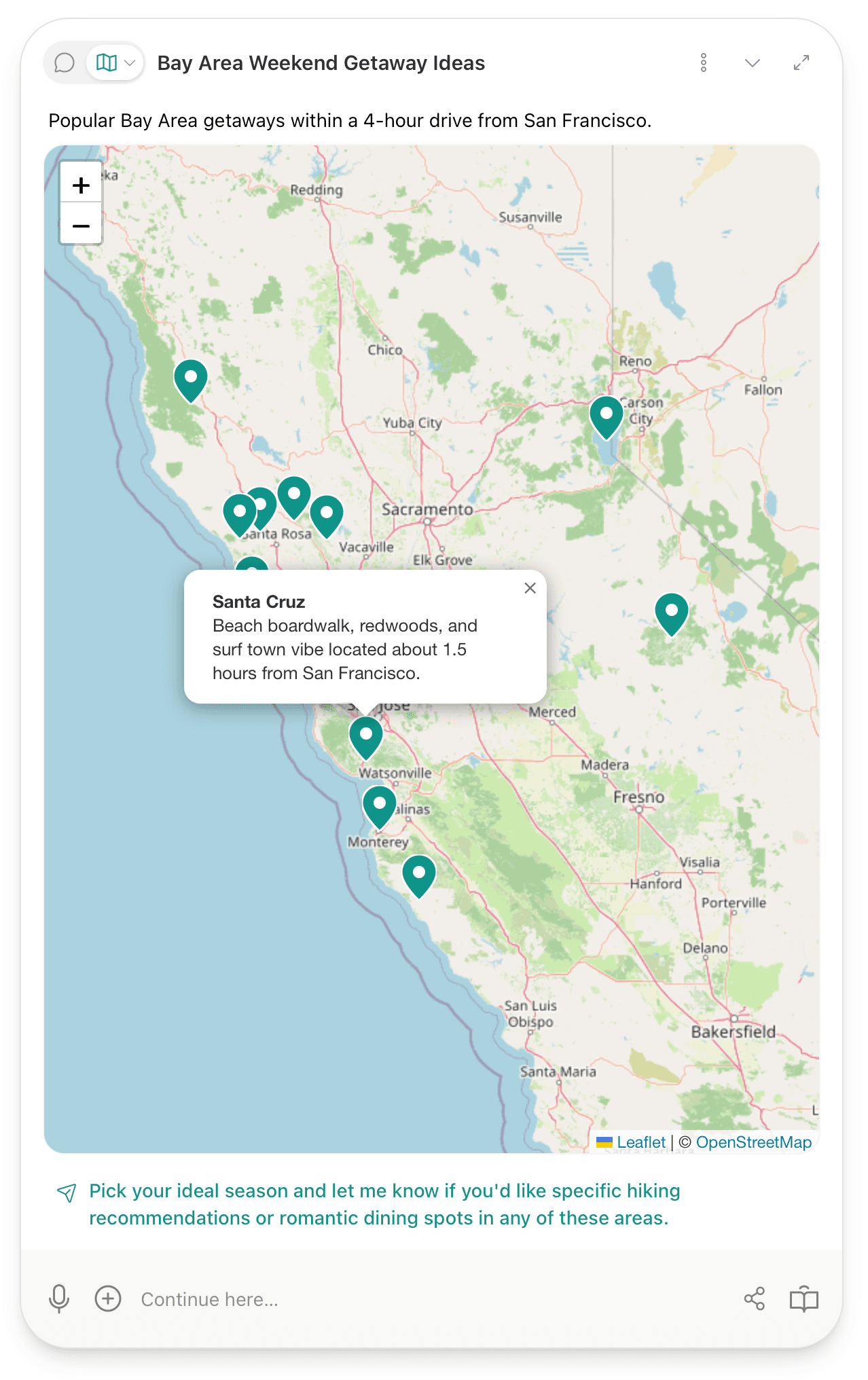 A 'Bay Area Weekend Getaway Ideas' conversation rendered as an interactive map, with pins and a Santa Cruz callout