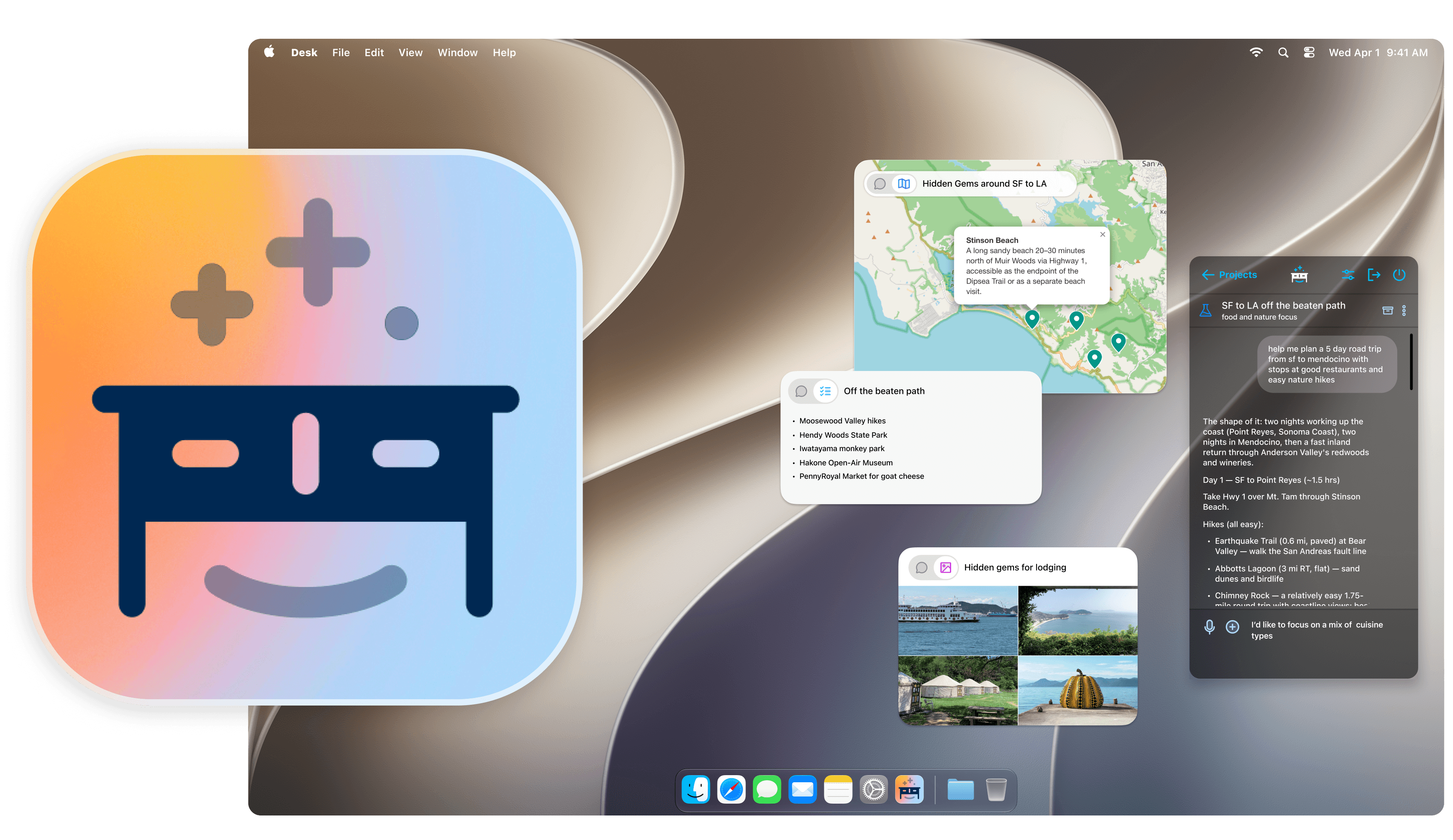 Desk on macOS — the app icon beside a desktop of living cards: an interactive map of hidden gems, a checklist, an image grid, and a project conversation