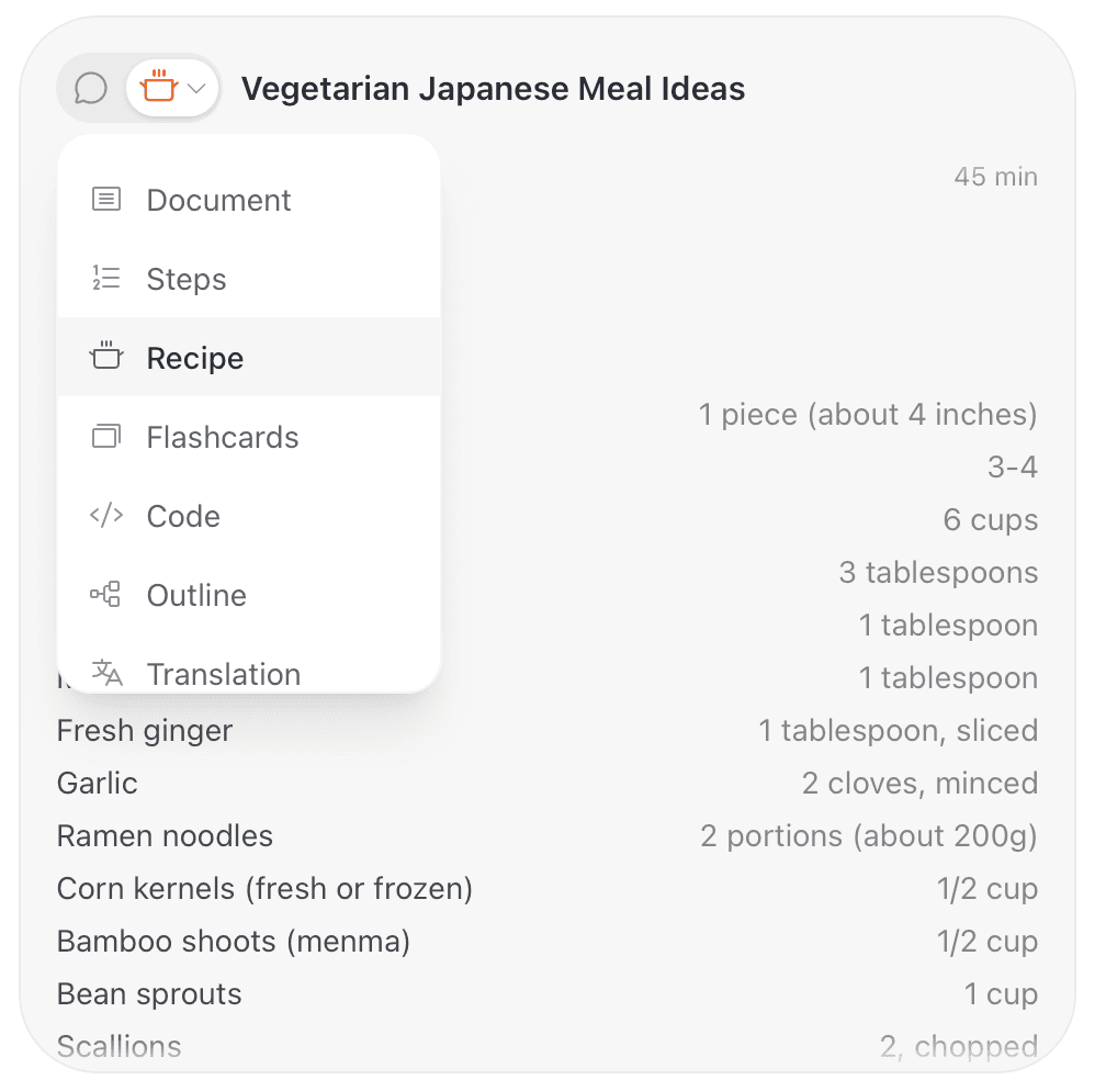 A recipe conversation with the view switcher open, offering Document, Steps, Recipe, Flashcards, Code, Outline, and Translation