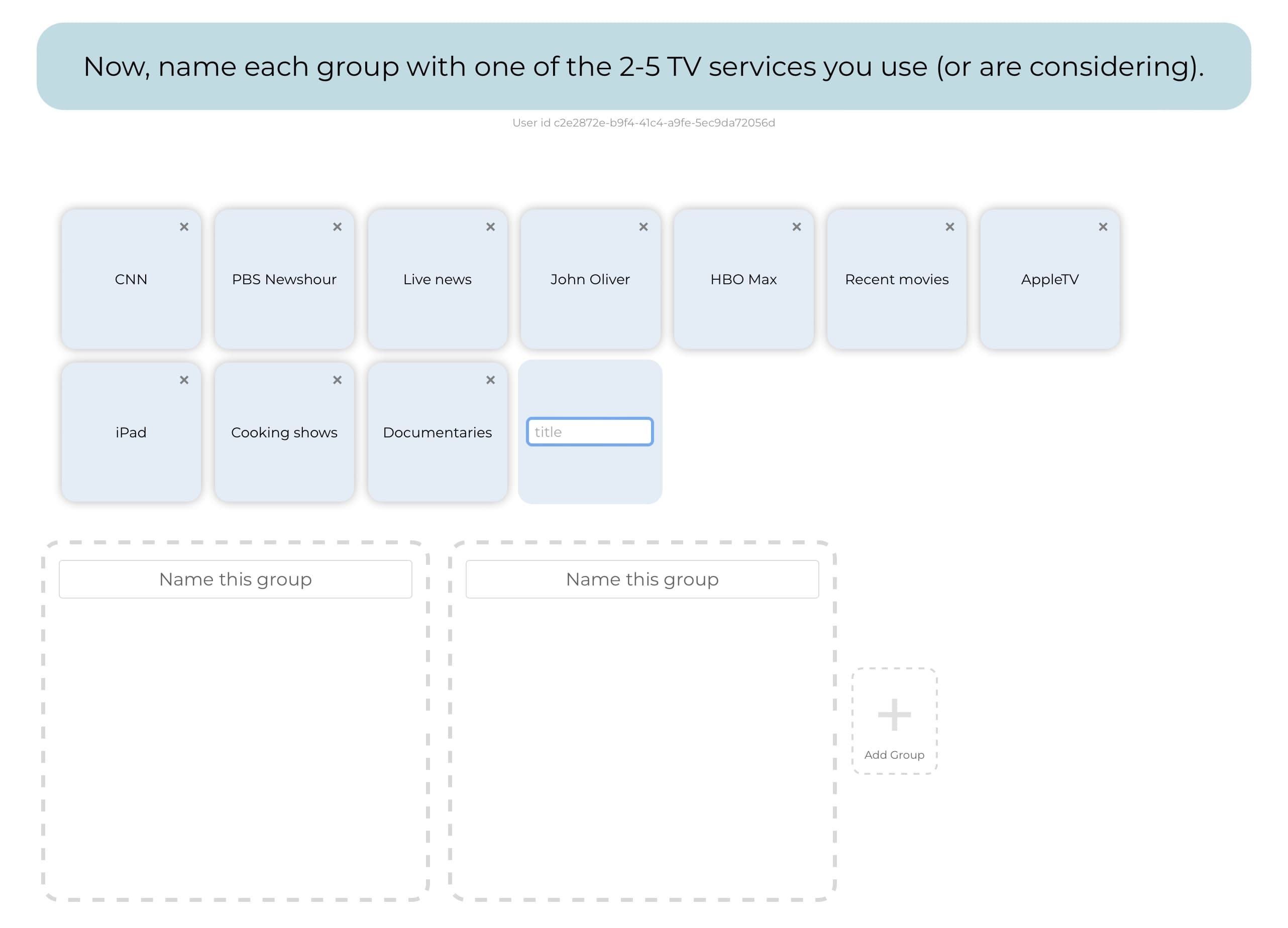 Card sort tool interface — sorting in progress