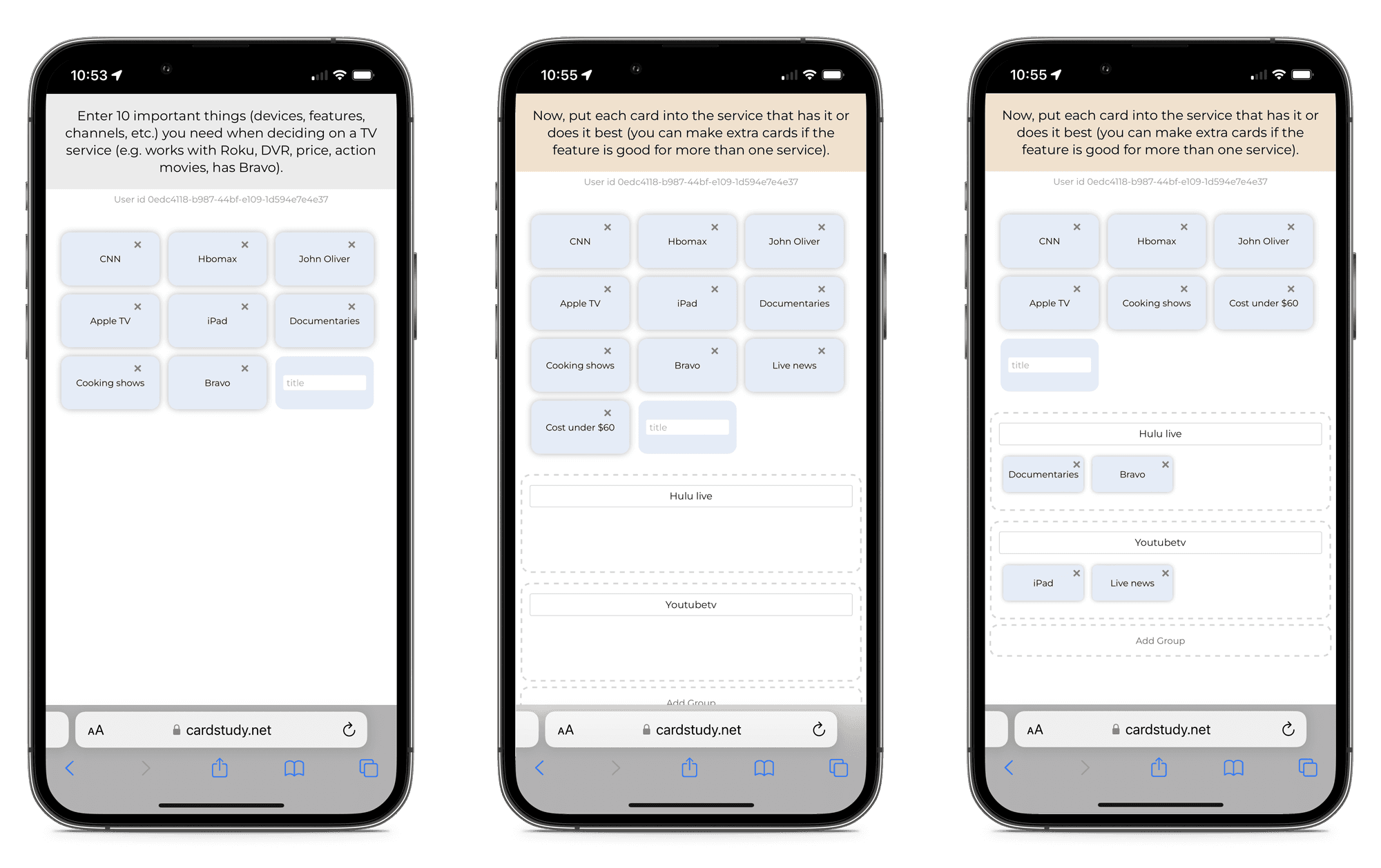 Card sort tool — mobile interface