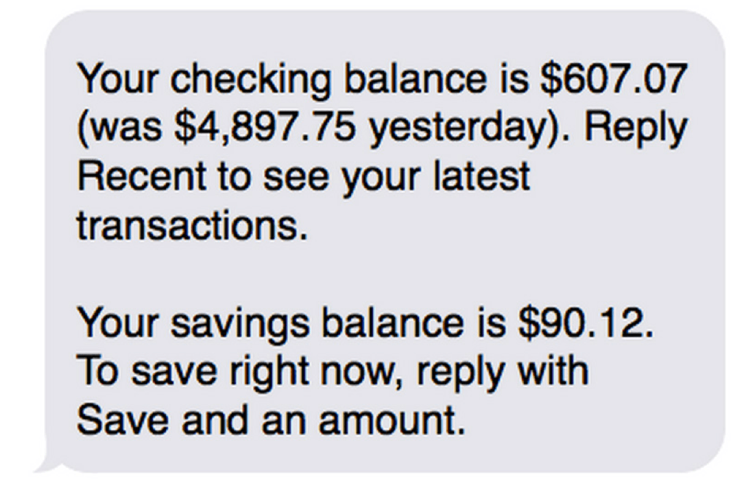 Balance message with a savings prompt — turning a check-in into a savings opportunity