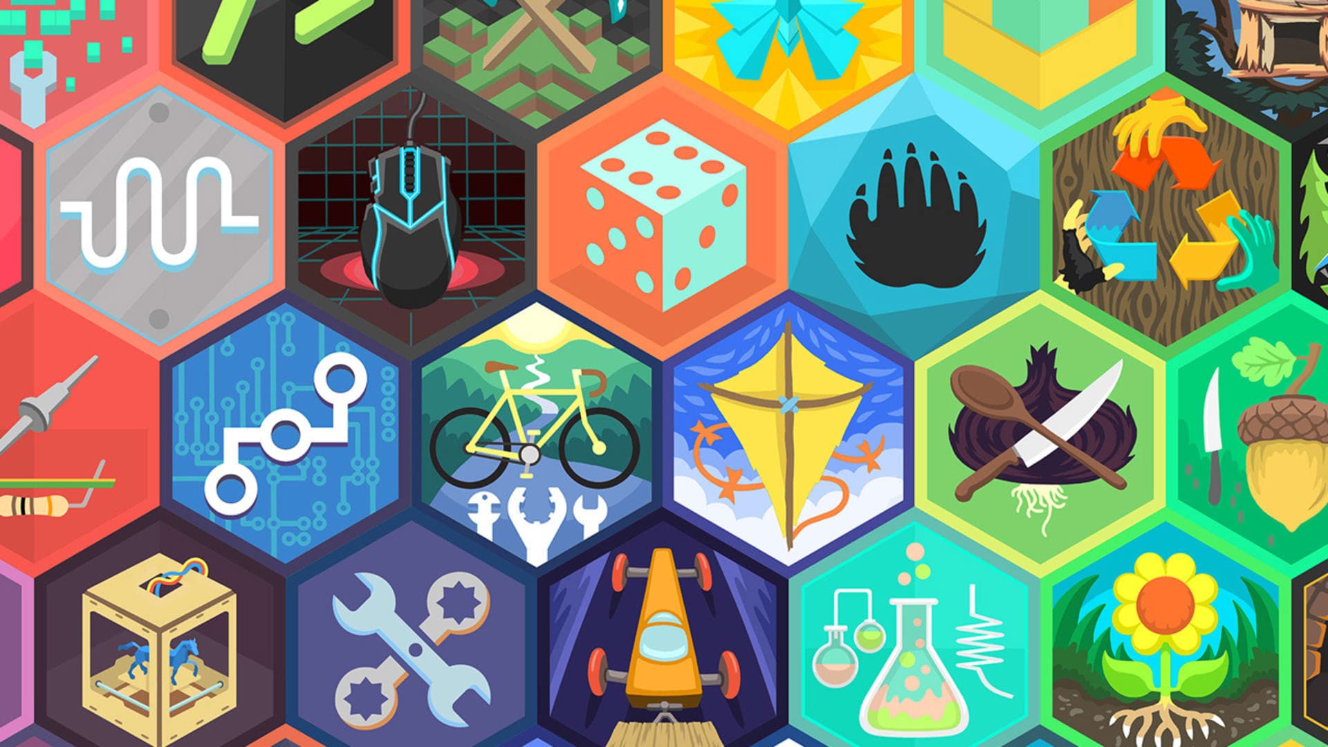 DIY.org skill patches — colorful hexagonal badges for various skills