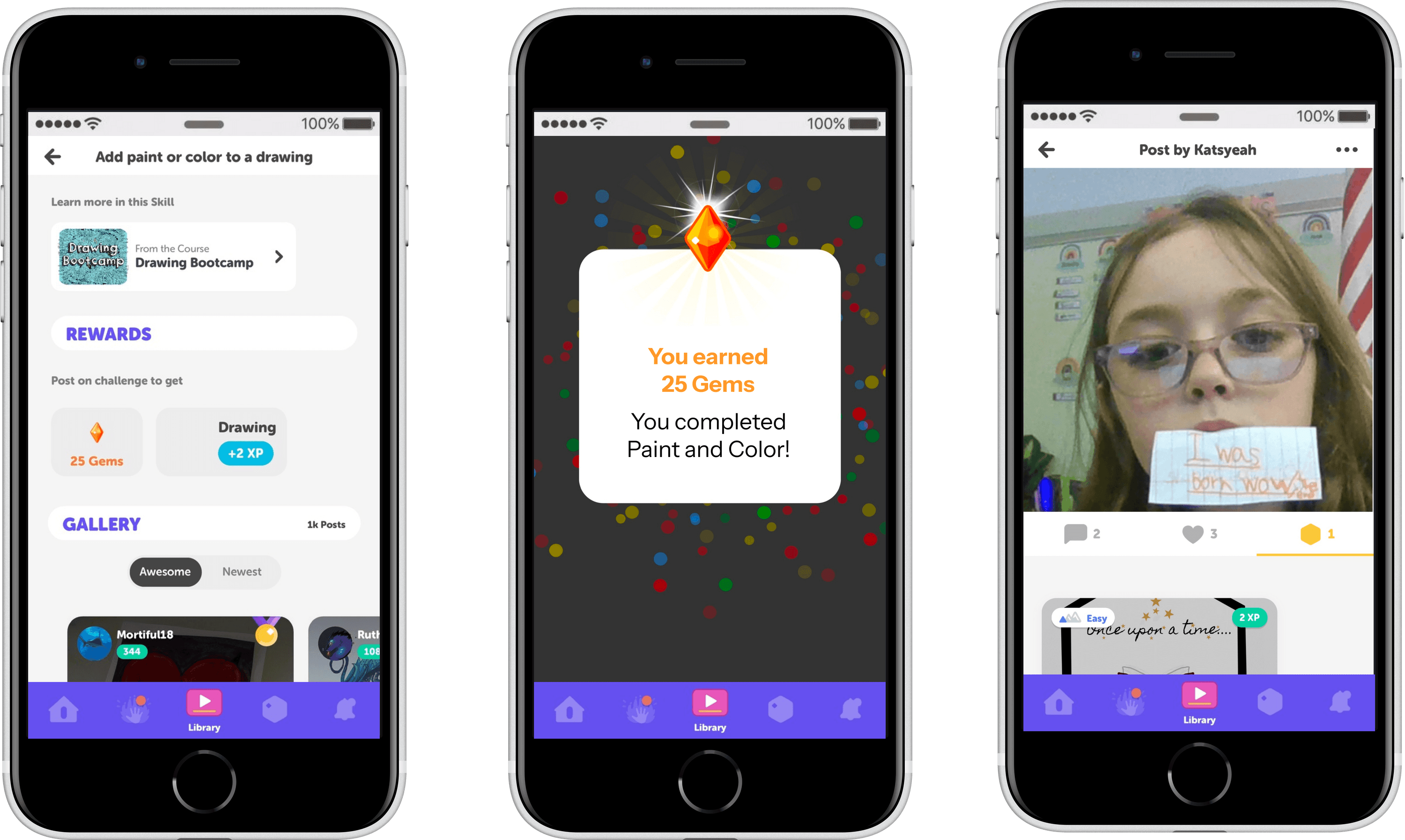 DIY.org rewards and community — XP, gems, course completion, and kid-created content