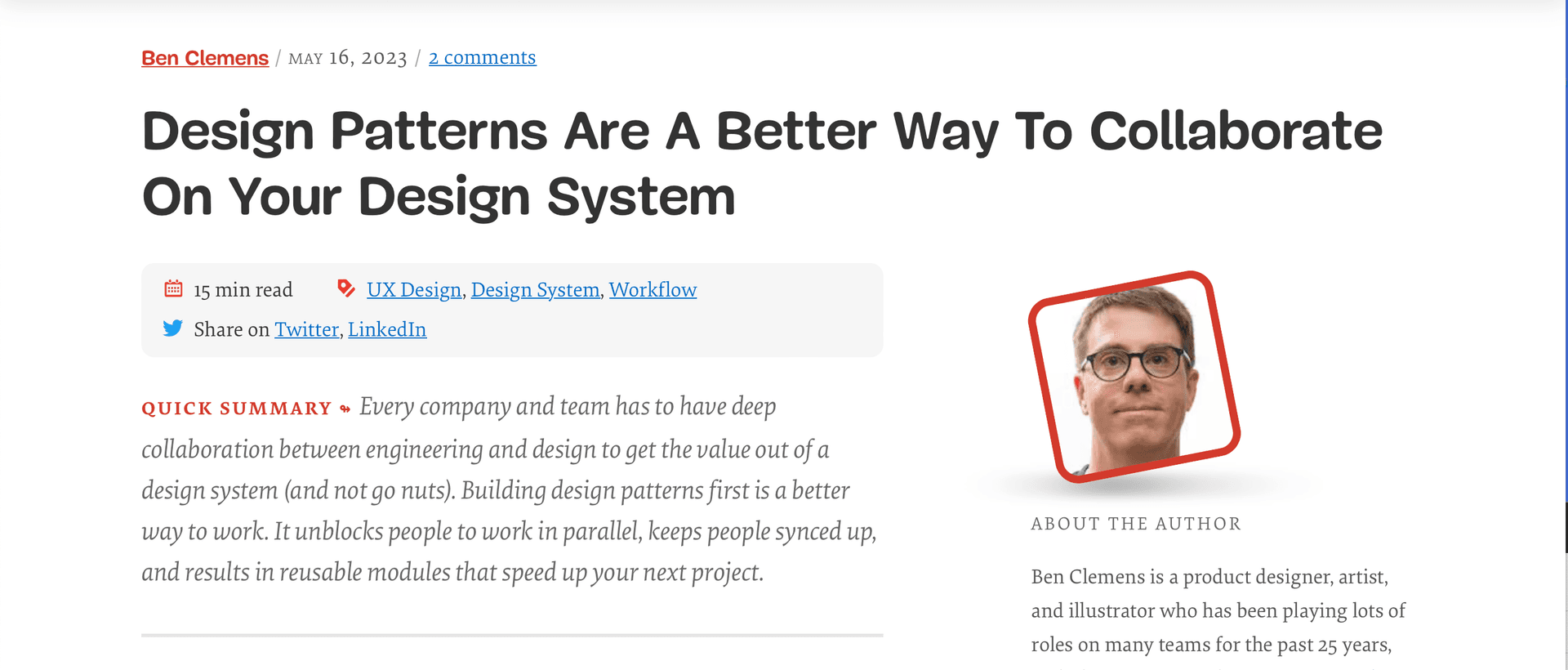 Smashing Magazine article — Design Patterns Are A Better Way To Collaborate On Your Design System
