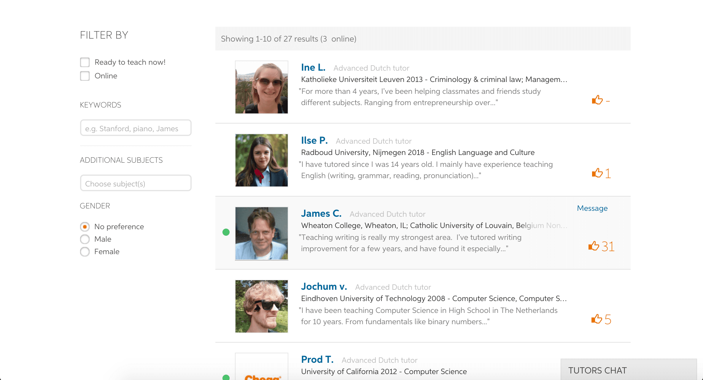 The previous InstaEdu experience — tutor profiles and chat
