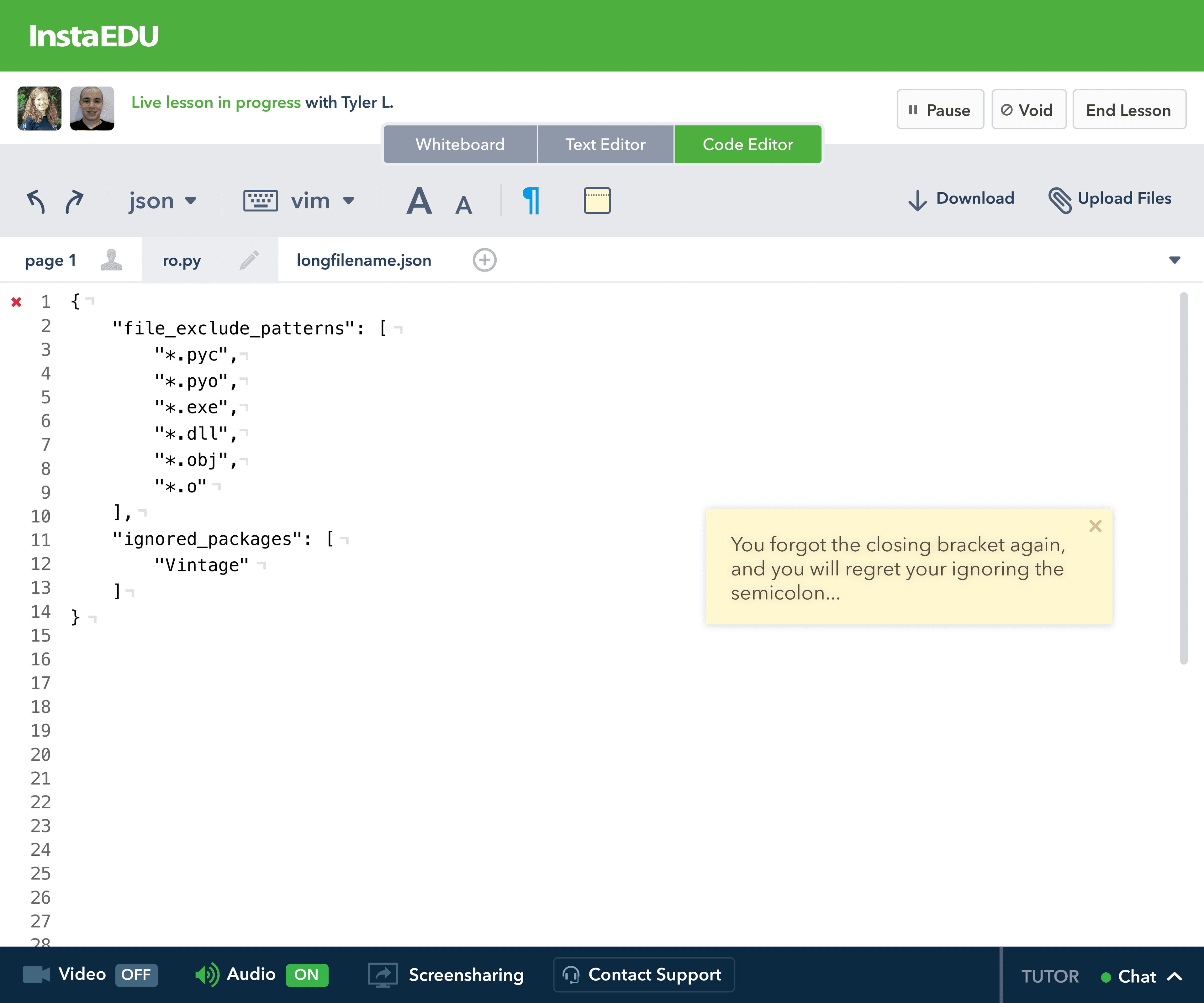 InstaEdu lesson space — code editor for coding projects with a tutor