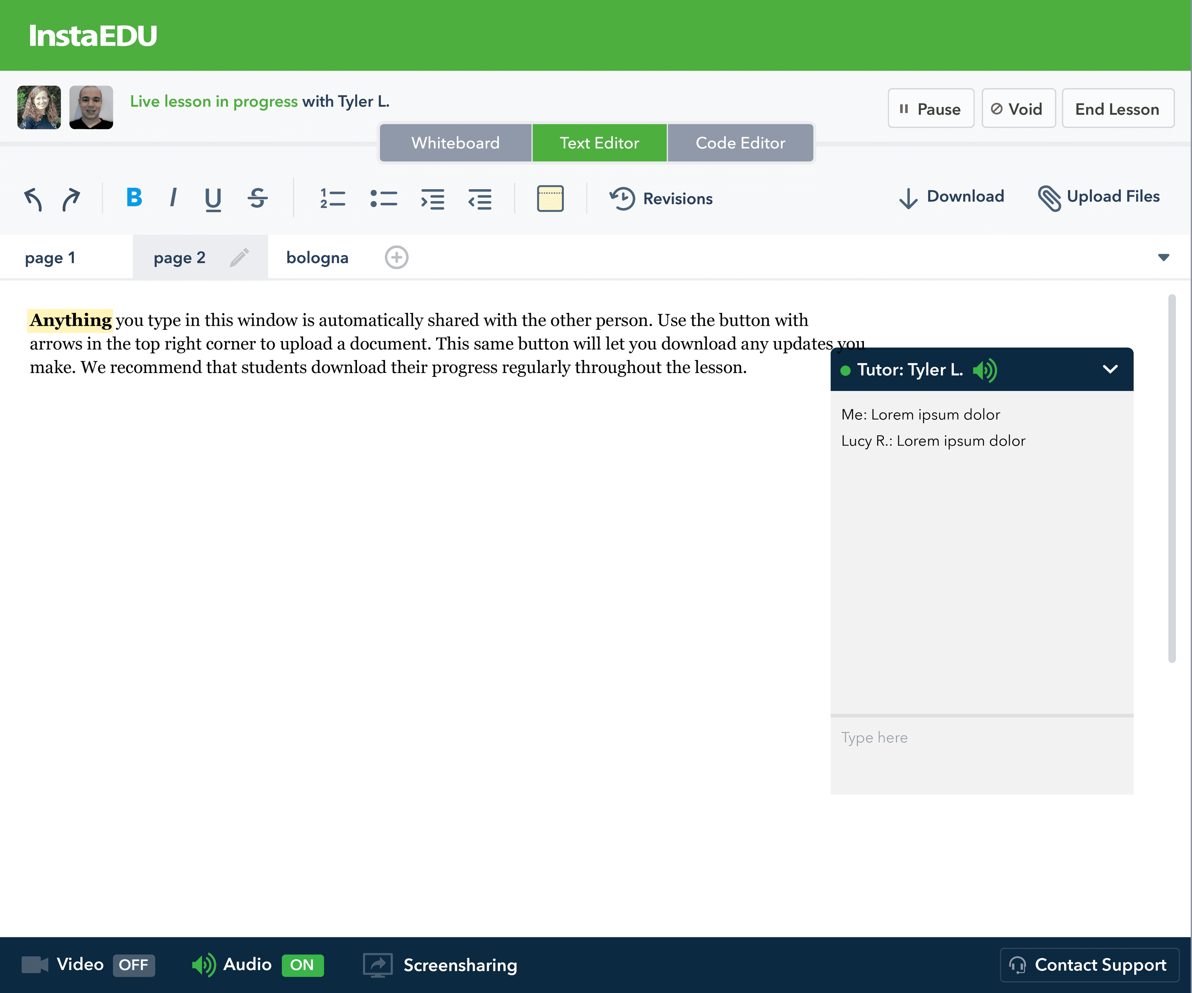 InstaEdu lesson space — text editor for working on documents with a tutor