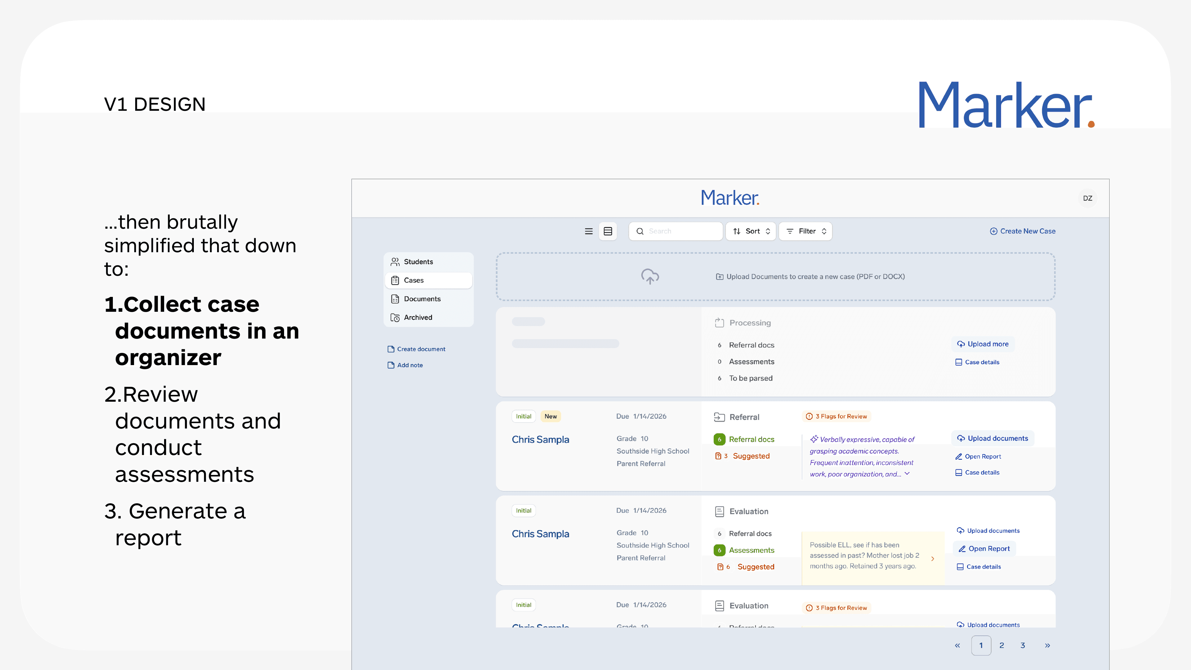 V1 design — case organizer with document uploads and case list