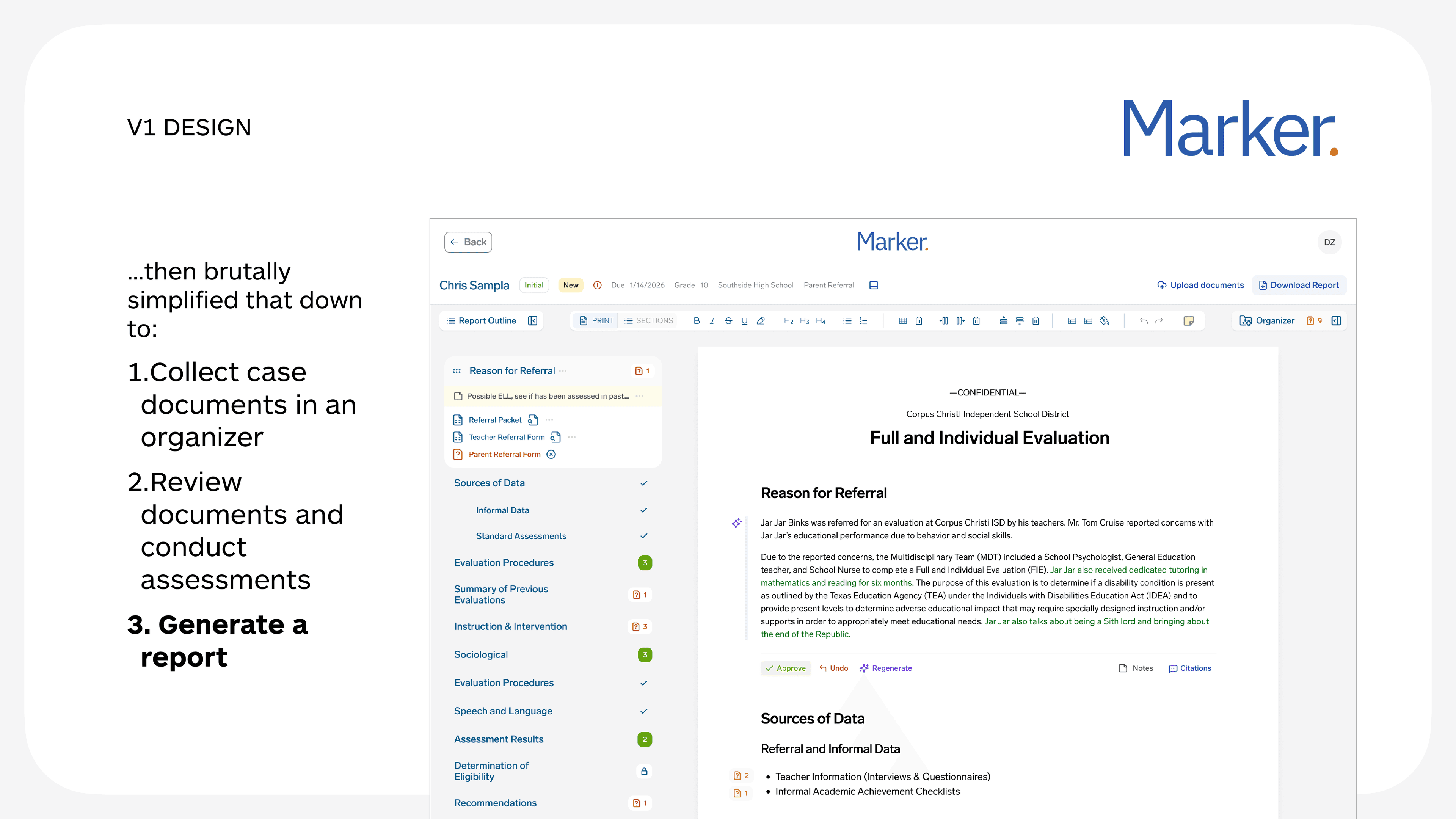 V1 design — report generation with section outline and full evaluation document