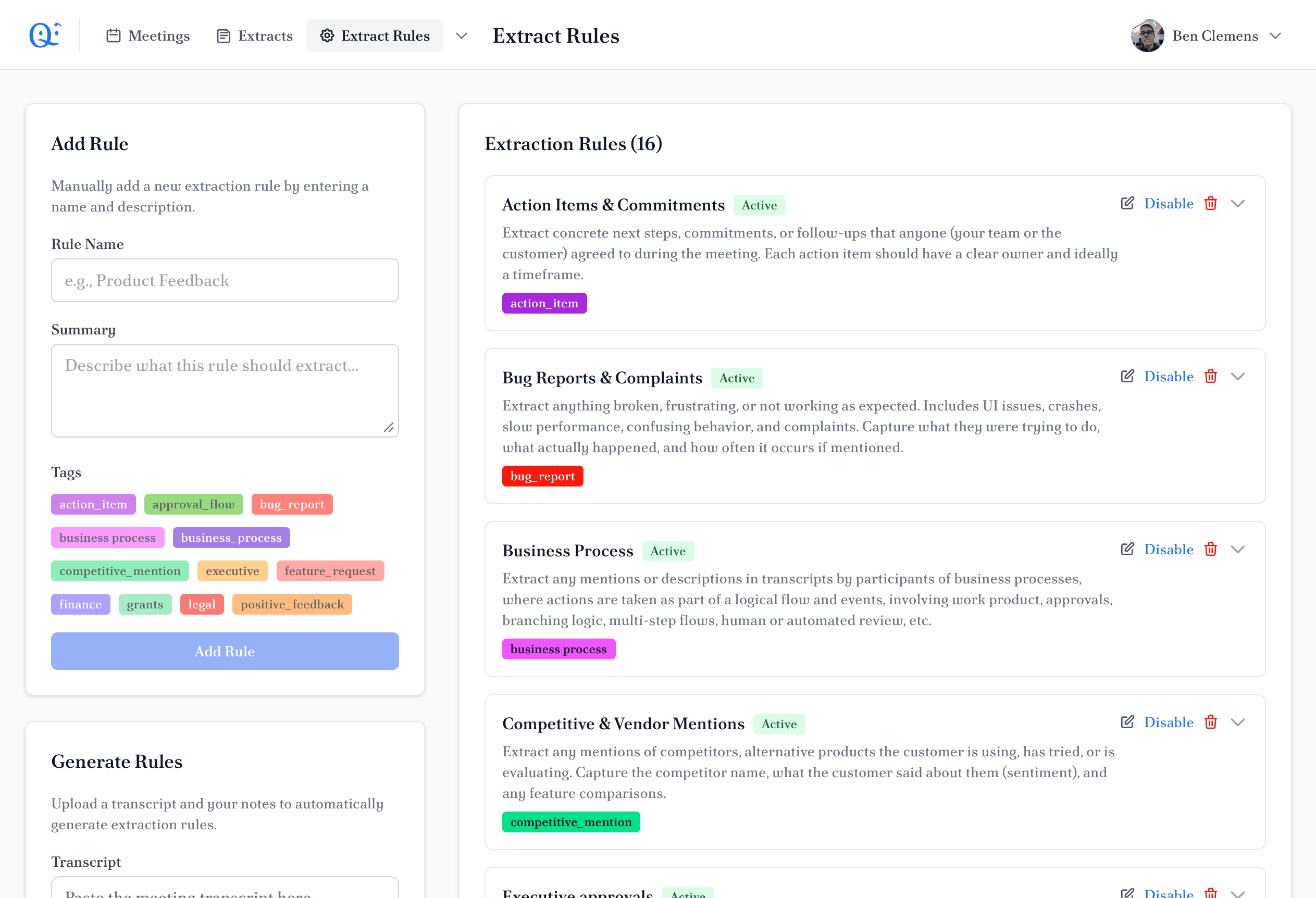 Extraction rules — researcher-defined rules with associated tags