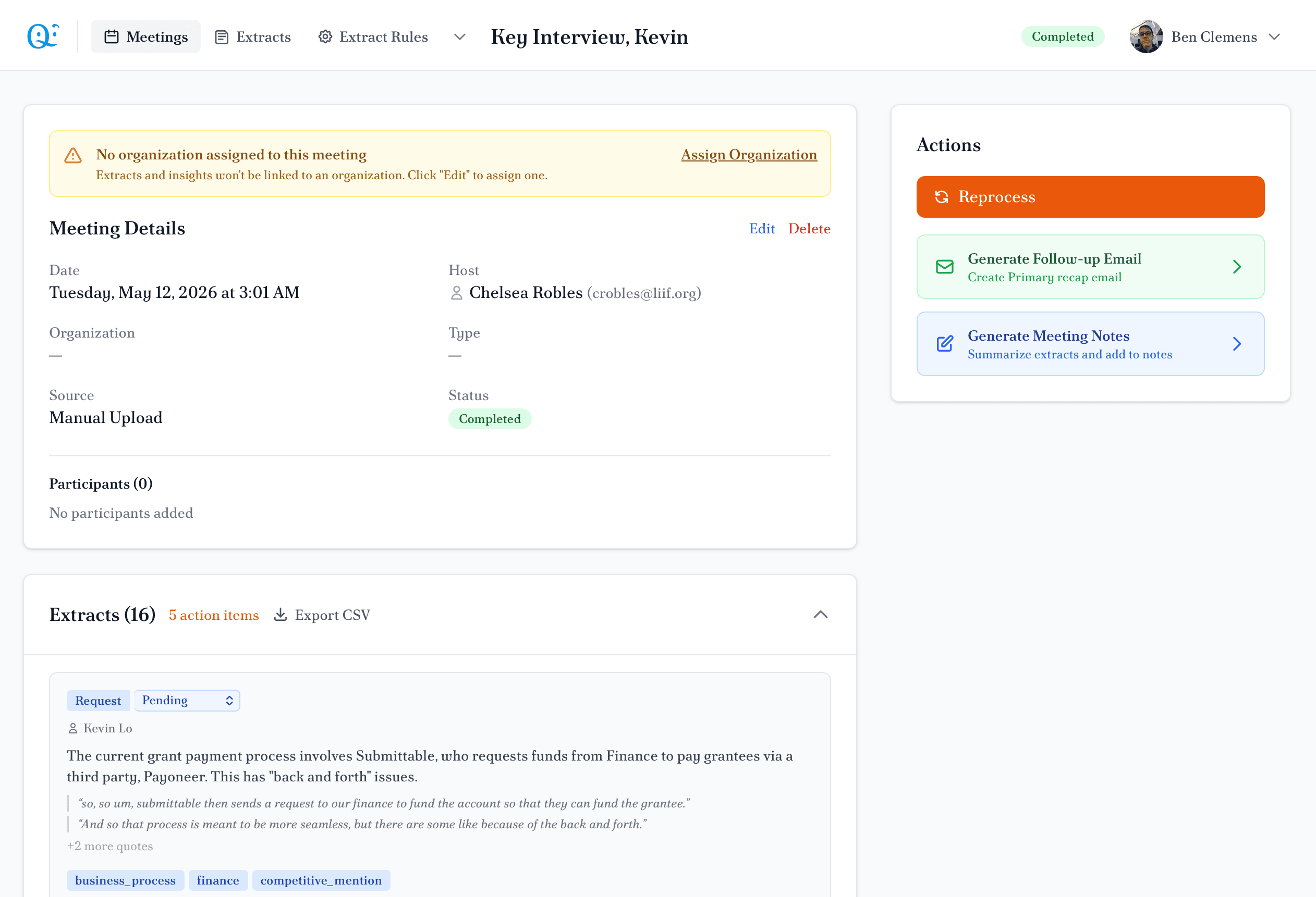 Meeting detail — extracts, action items, notes, transcript, and email draft