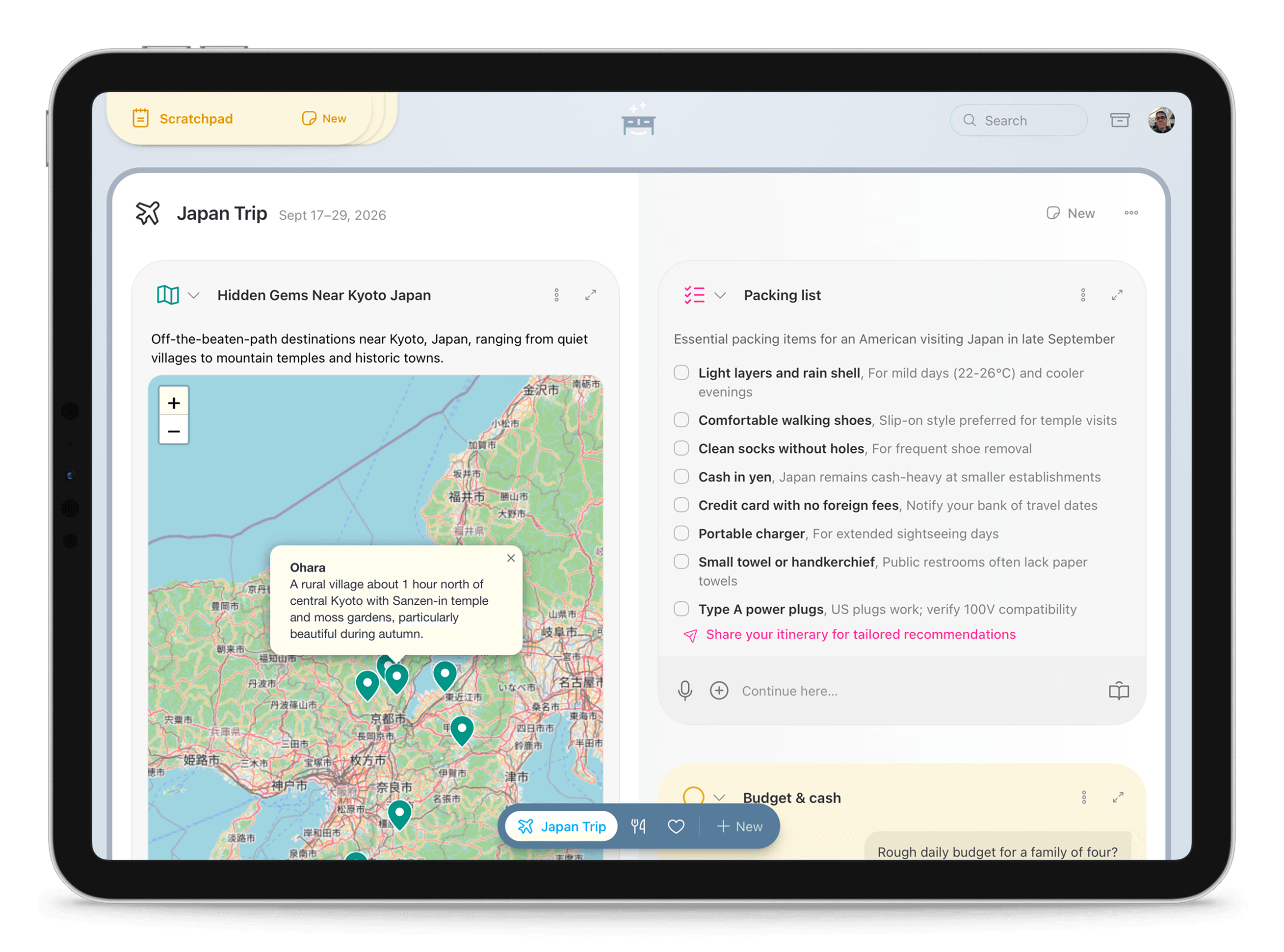 Desk project view — a Japan Trip project with an interactive map of hidden gems near Kyoto and an editable packing checklist