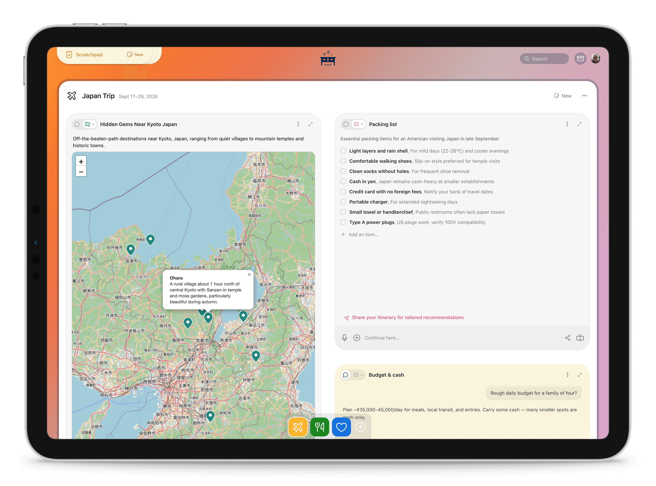 A Desk project gathering related conversations — an interactive map and an editable packing checklist — under one roof