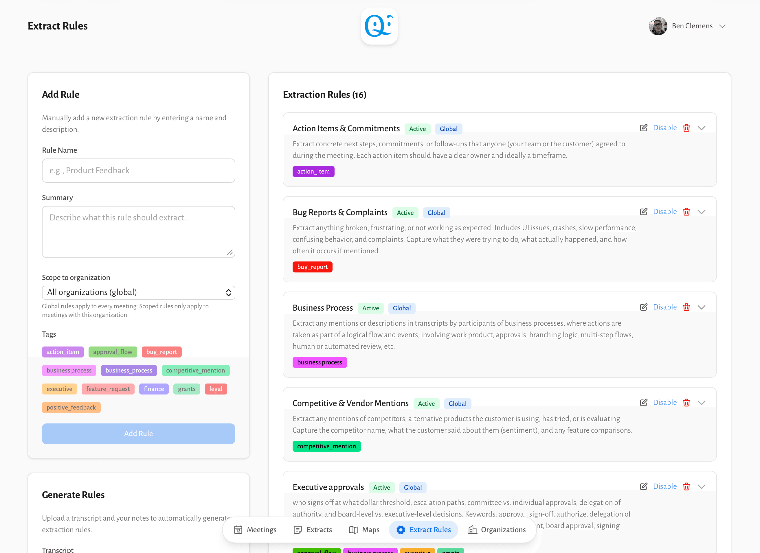 Extraction rules — researcher-defined rules with associated tags