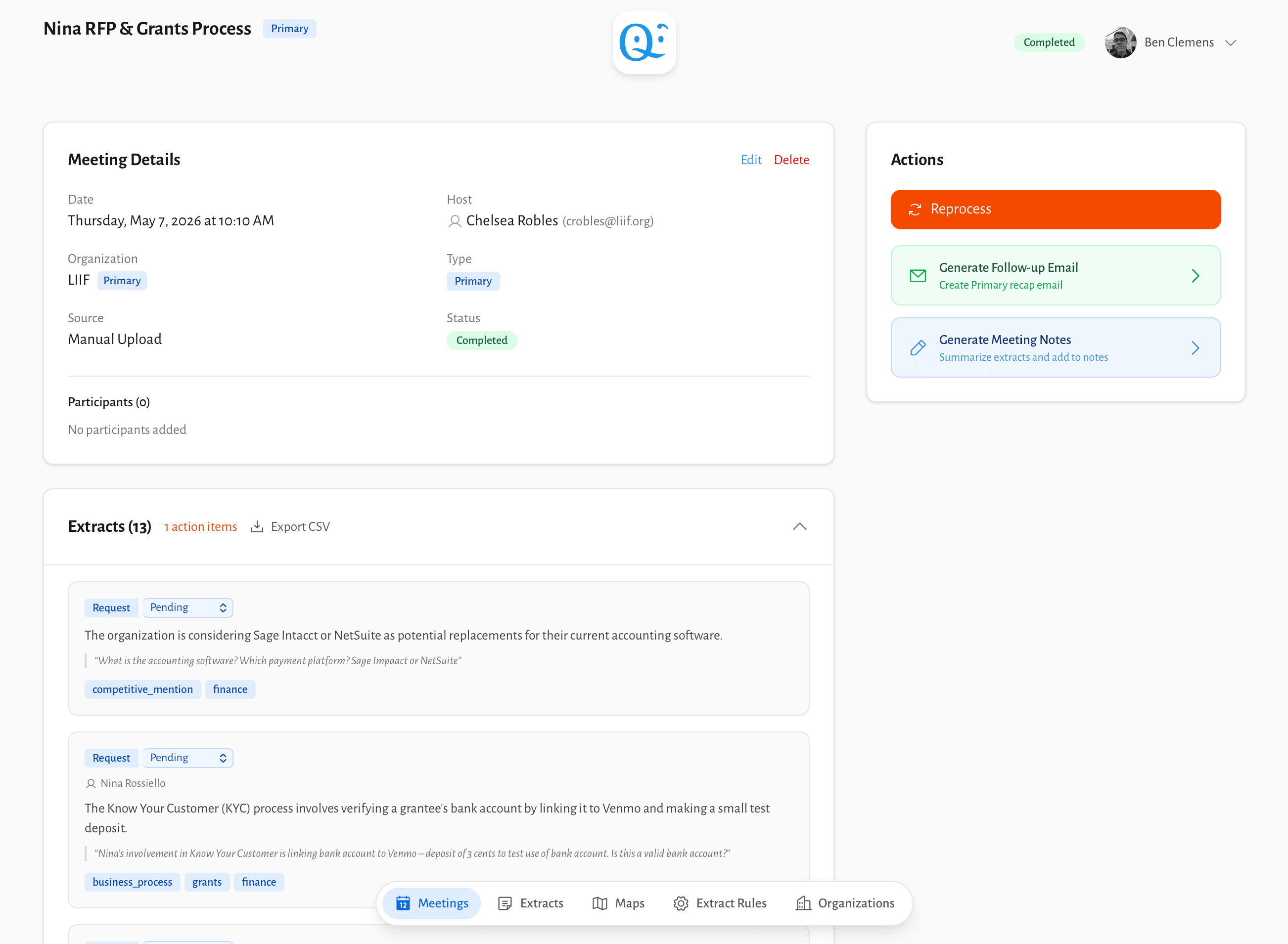 Meeting detail — extracts, action items, notes, transcript, and email draft