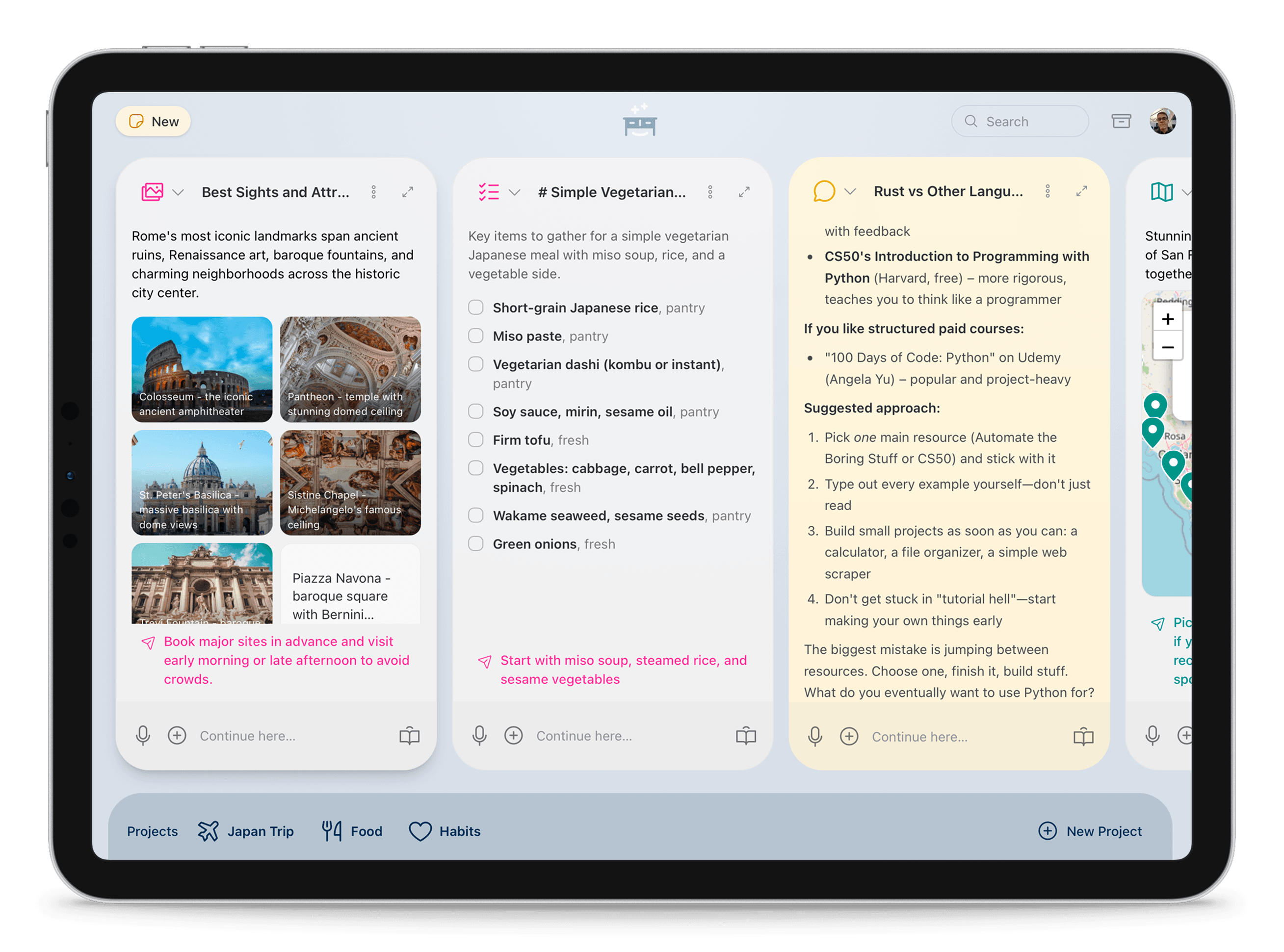 The Desk scratchpad — a masonry of conversation cards reformatted as an image grid, a checklist, and chat, with project tabs along the bottom